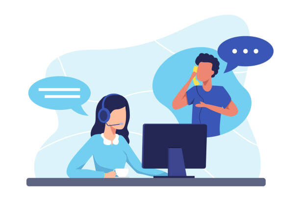 Female hotline operator advises client, Customer service, Customer and operator. Online global technical support 24 hours. Vector illustration in a flat style
