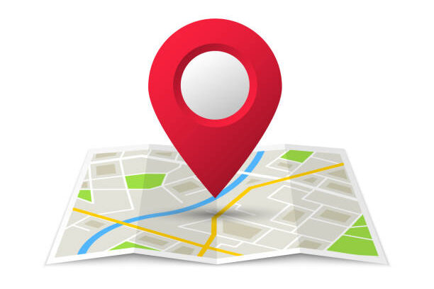 Folded location map with marker. City map with pin pointer. GPS navigation map with city street roads. Vector illustration.